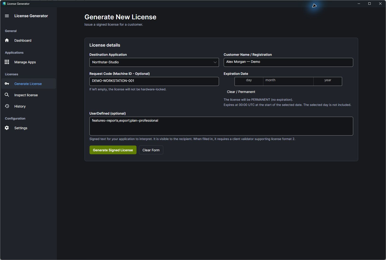 Generating a license for Northstar-Studio issued to Alex Morgan — Demo, bound to hardware ID DEMO-WORKSTATION-001, with no expiration date and the UserDefined text features=reports,export;plan=professional.