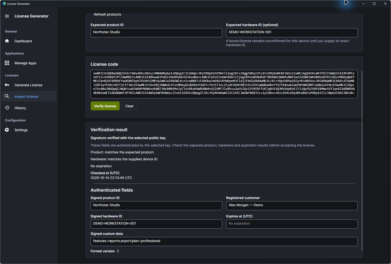 Inspecting a license: the signature is verified with the selected public key, the product and hardware match, there is no expiration, and the authenticated fields show the signed customer, hardware ID and custom data in format 2.