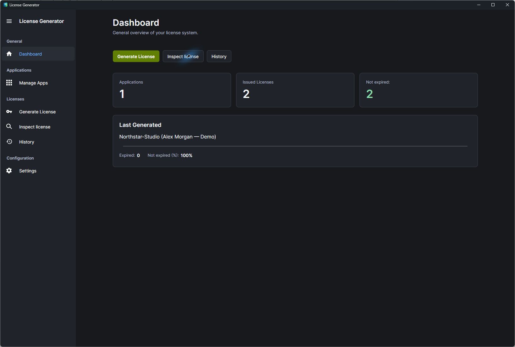 Dashboard: one application, two issued licenses, neither expired, and the last license generated, for Northstar-Studio (Alex Morgan — Demo).