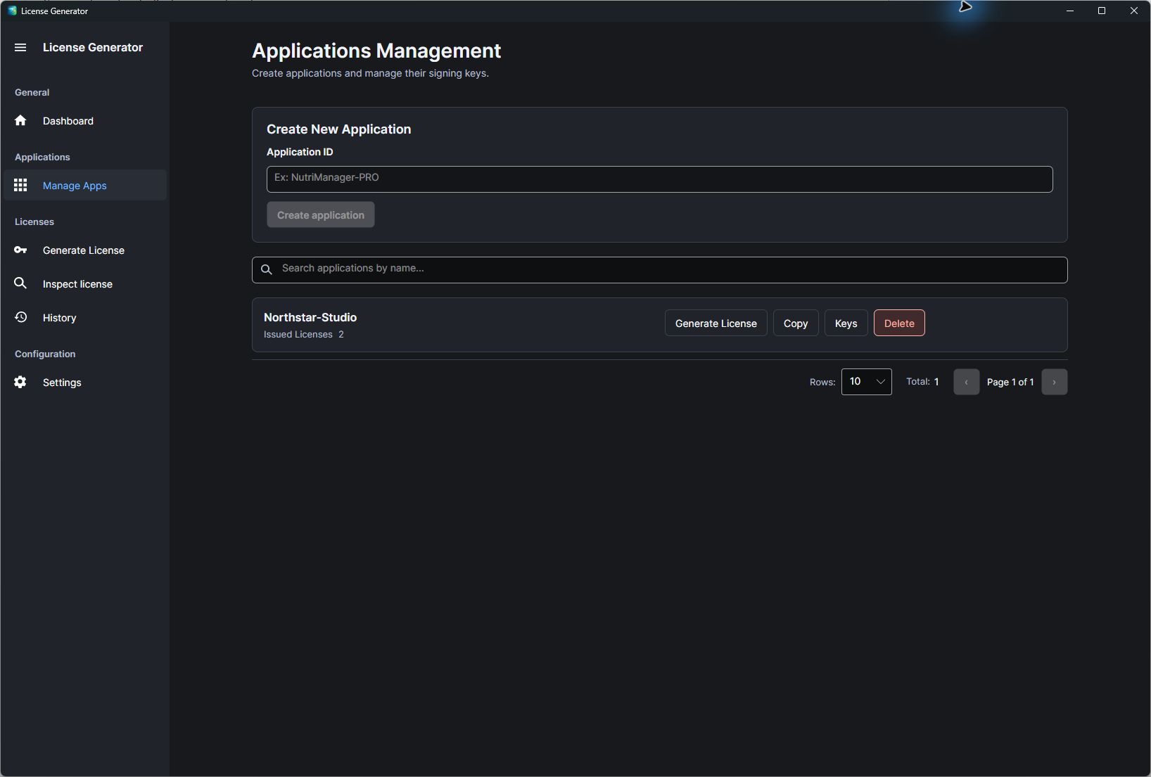 Applications management: a form to create an application, and the Northstar-Studio product with two issued licenses and its actions to generate a license, copy its ID, open its keys or delete it.