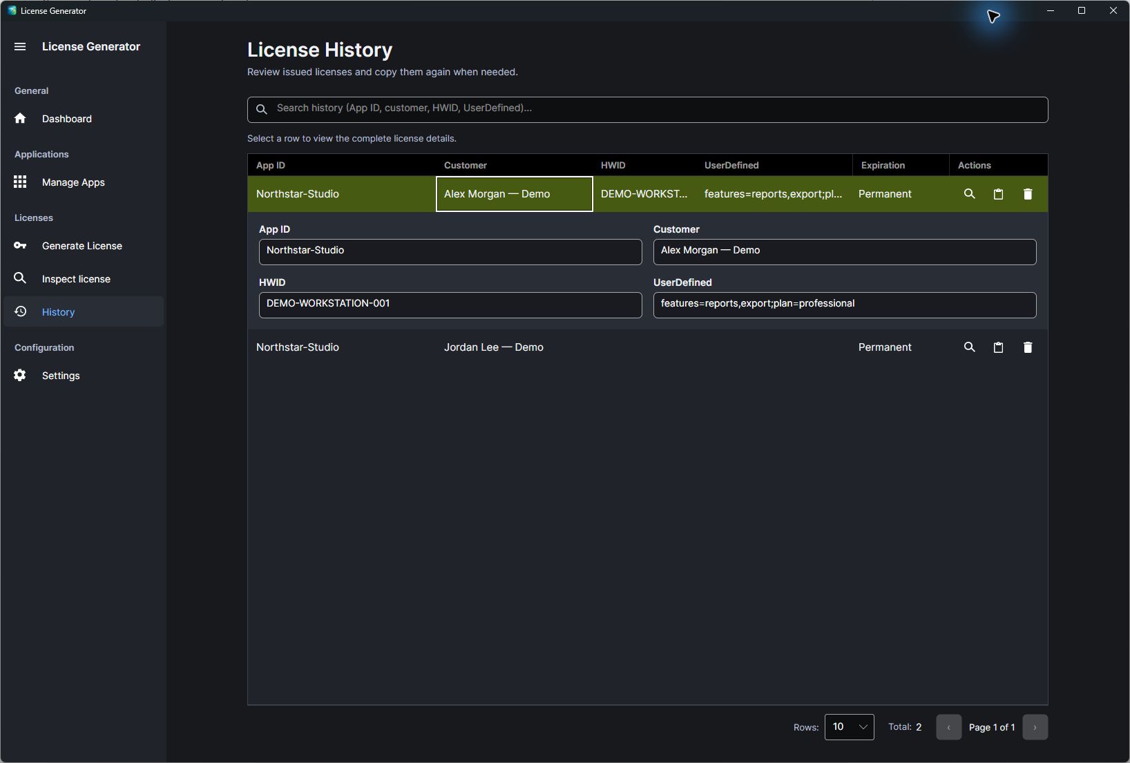 License history: two permanent demo licenses for Northstar-Studio, with the selected one expanded to show its customer, hardware ID and UserDefined text.