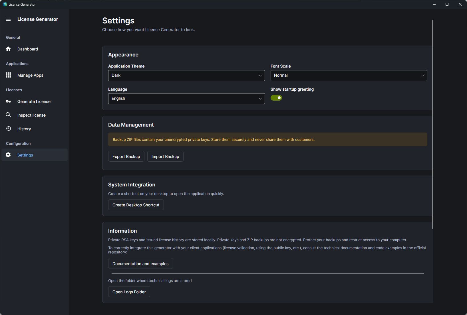 Settings in dark mode: theme, font scale, language and startup greeting; backup export and import with a warning that backups contain unencrypted private keys; desktop shortcut, documentation and logs folder.