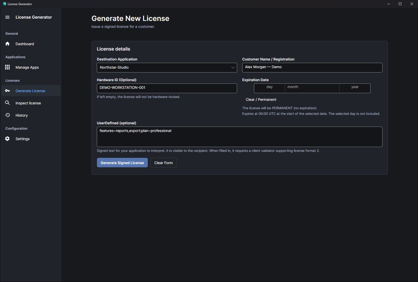 Generating a license for Northstar-Studio issued to Alex Morgan — Demo, bound to hardware ID DEMO-WORKSTATION-001, with no expiration date and the UserDefined text features=reports,export;plan=professional.