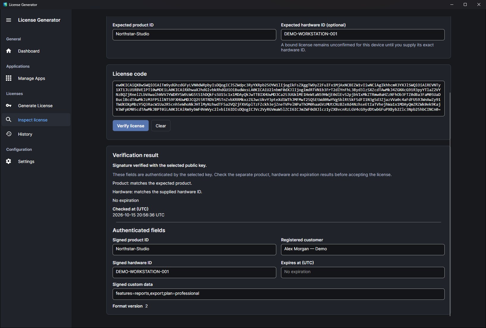 Inspecting a license: the signature is verified with the selected public key, the product and hardware match, there is no expiration, and the authenticated fields show the signed customer, hardware ID and custom data in format 2.