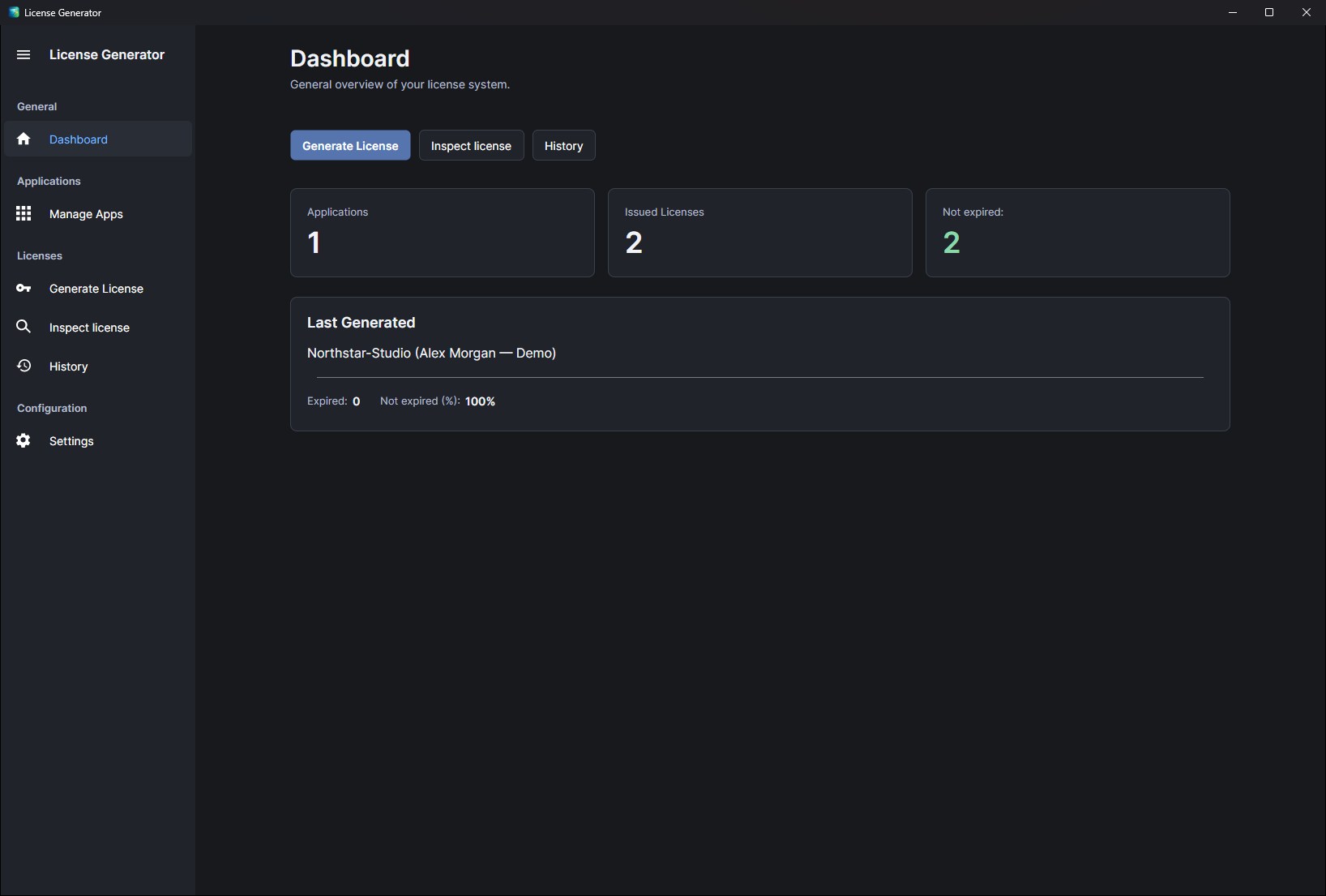 Dashboard: one application, two issued licenses, neither expired, and the last license generated, for Northstar-Studio (Alex Morgan — Demo).