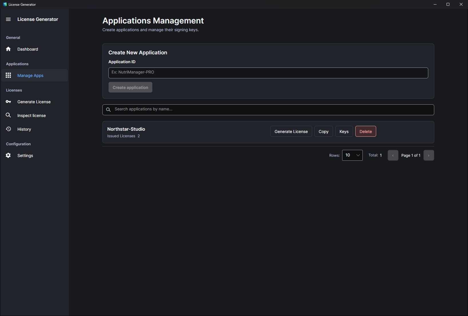 Applications management: a form to create an application, and the Northstar-Studio product with two issued licenses and its actions to generate a license, copy its ID, open its keys or delete it.