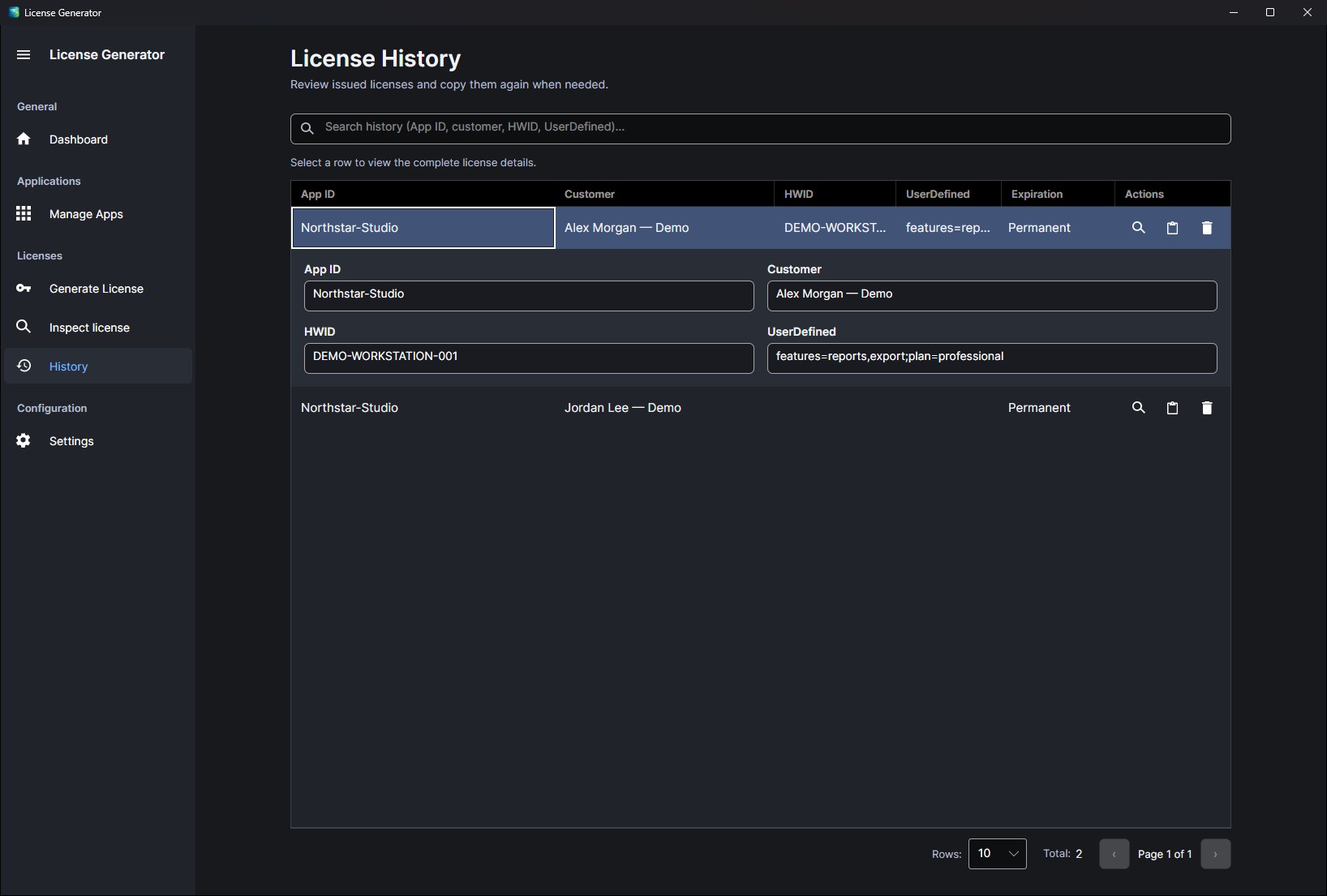 License history: two permanent demo licenses for Northstar-Studio, with the selected one expanded to show its customer, hardware ID and UserDefined text.