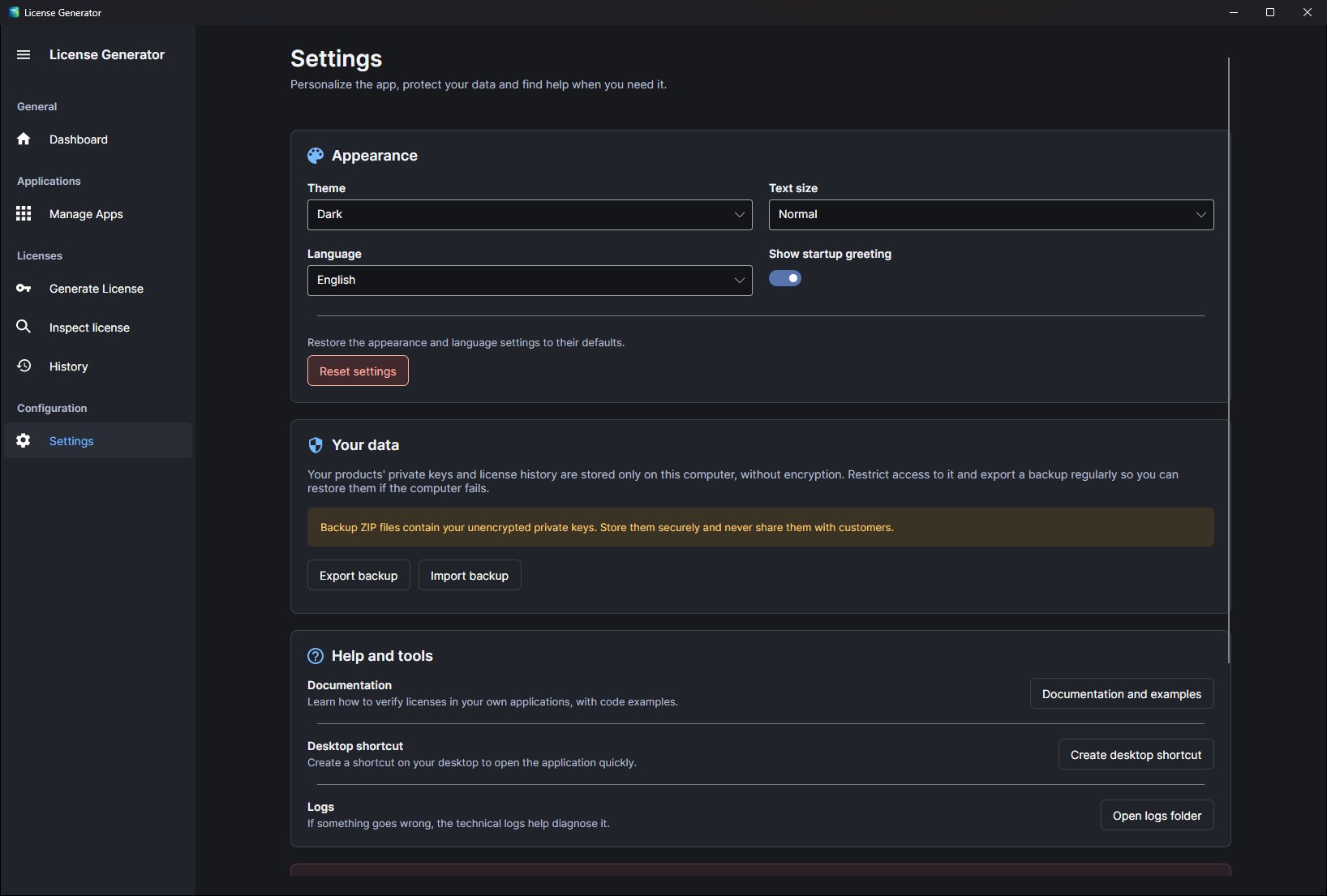 Settings in dark mode: theme, font scale, language and startup greeting; backup export and import with a warning that backups contain unencrypted private keys; desktop shortcut, documentation and logs folder.