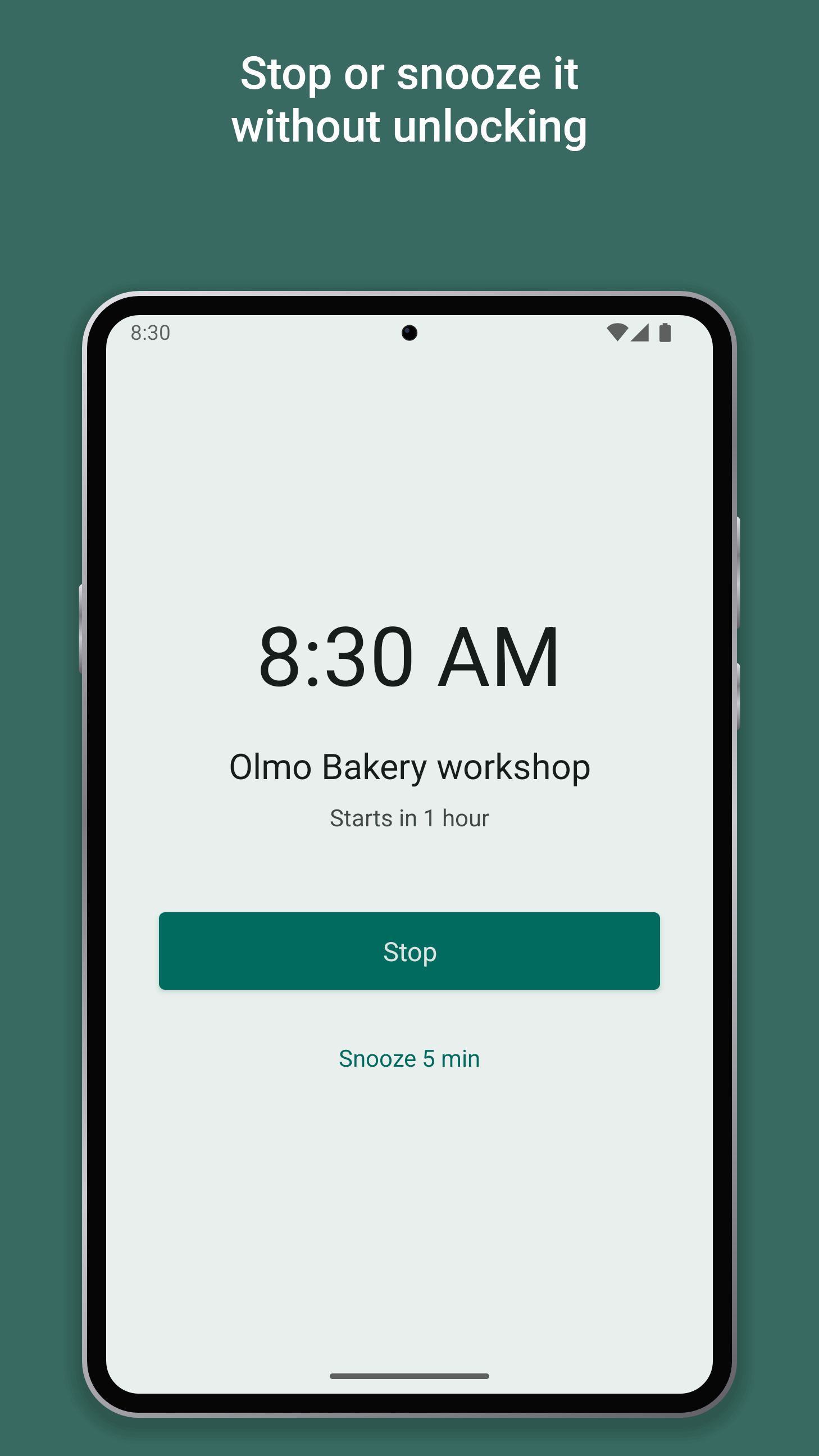 Stop or snooze it without unlocking. A full-screen alarm over the lock screen, with Stop and Snooze buttons.