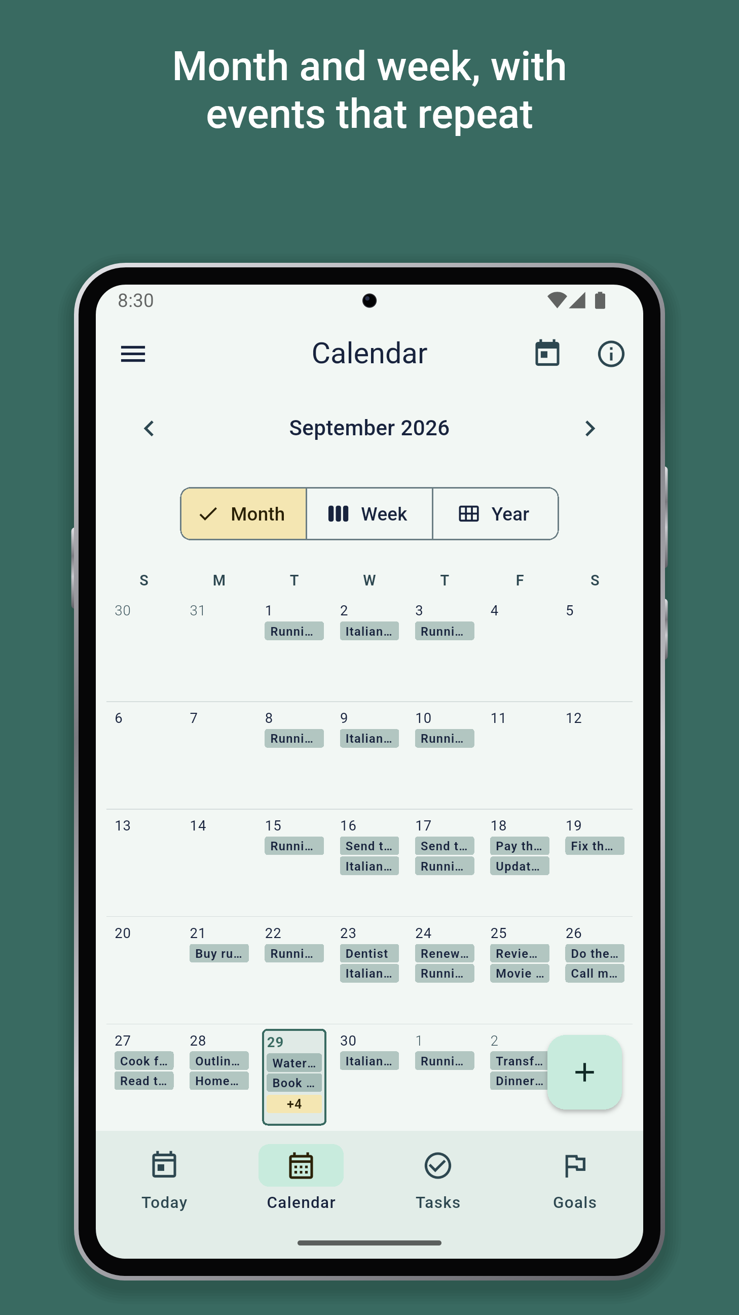 Month and week, with events that repeat. The month view, with a running club every Tuesday and Thursday.