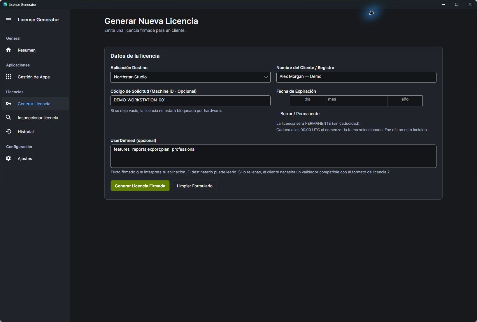 Emisión de una licencia de Northstar-Studio a nombre de Alex Morgan — Demo, vinculada al identificador de hardware DEMO-WORKSTATION-001, sin fecha de caducidad y con el texto UserDefined features=reports,export;plan=professional.