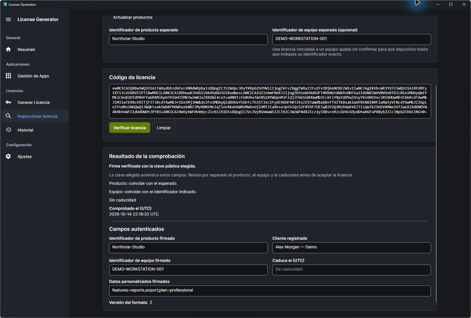 Inspección de una licencia: firma verificada con la clave pública seleccionada, producto y hardware coincidentes, sin caducidad, y los campos autenticados con el cliente, el identificador de hardware y los datos personalizados firmados en formato 2.